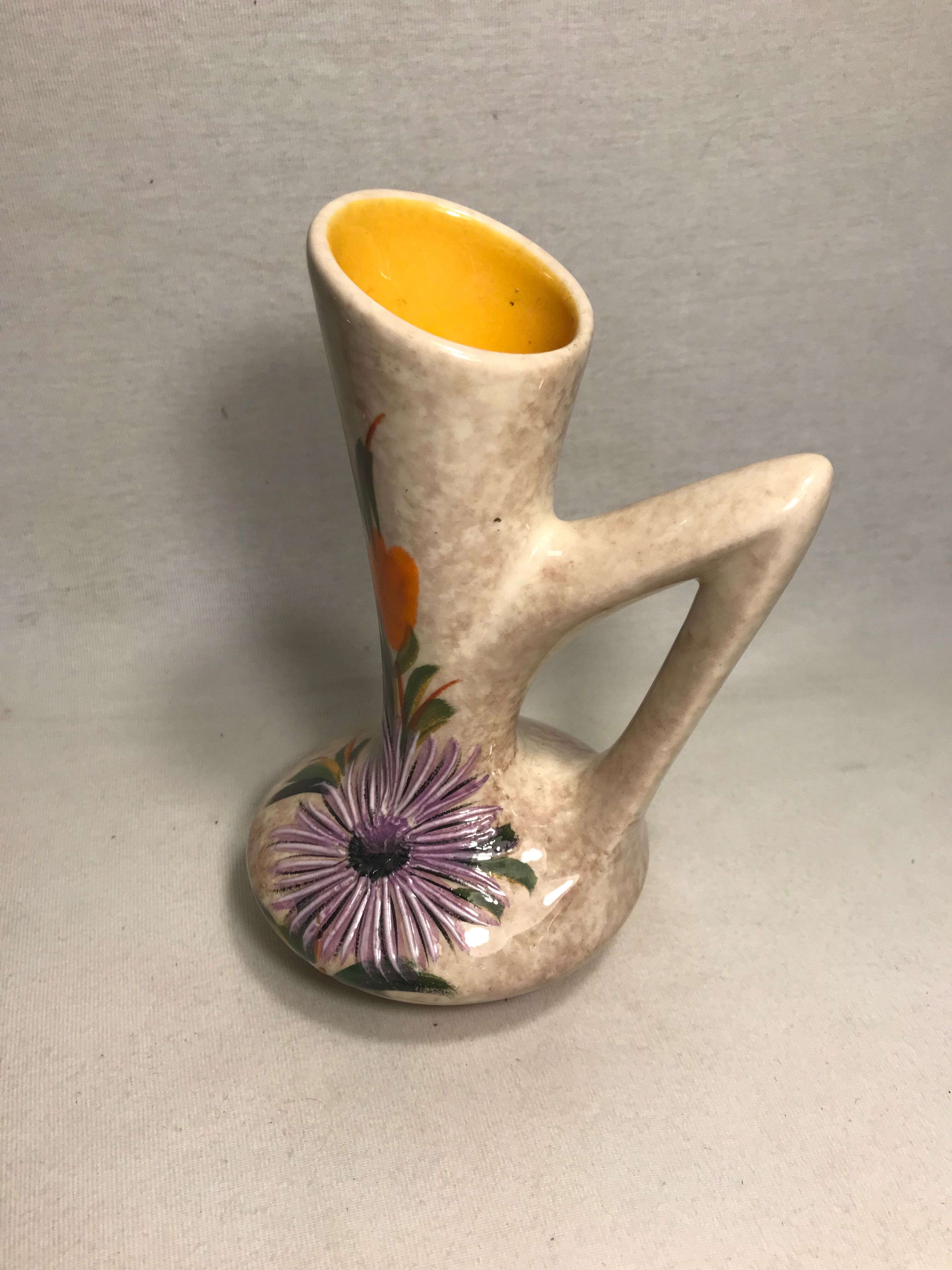 Former pitcher Vallauris enamelled Tess ceramic + painted flower Vintage
