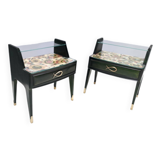 Pair of Dark Green Wooden Nightstands in 1950s Style with a Decorated Top, Italy