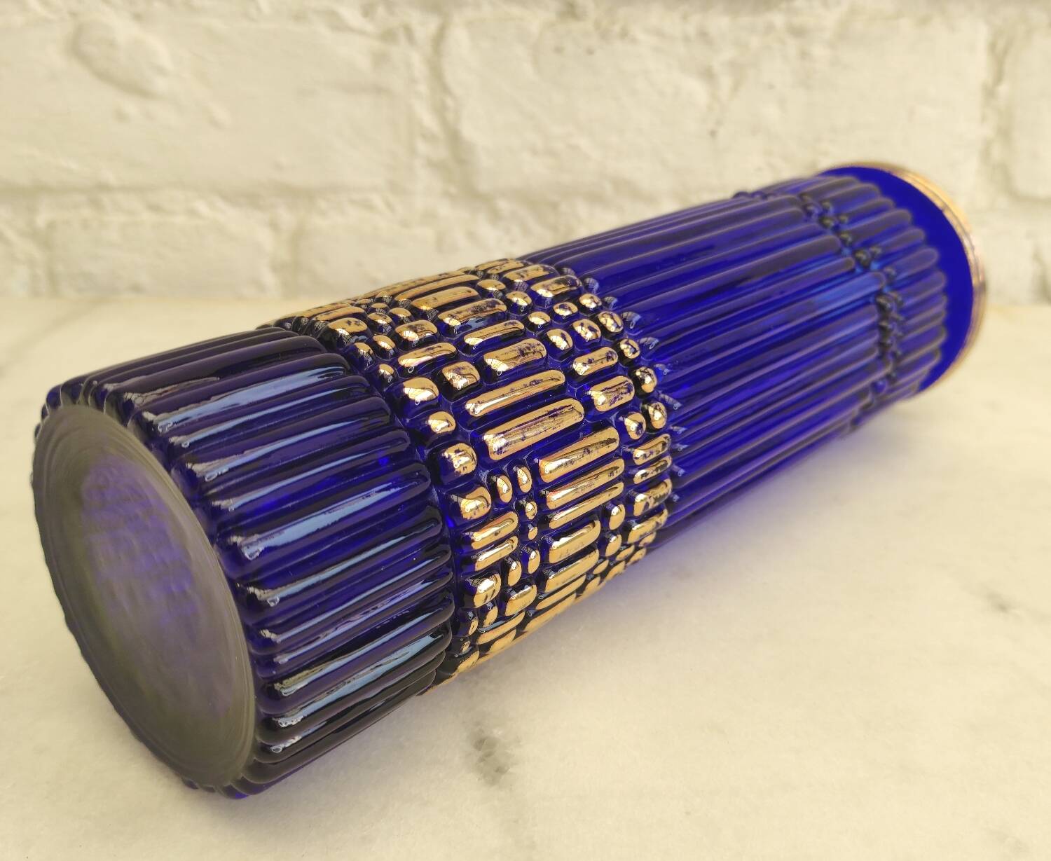 Vintage cobalt blue and gold vase - August Walther & Söhne 1950