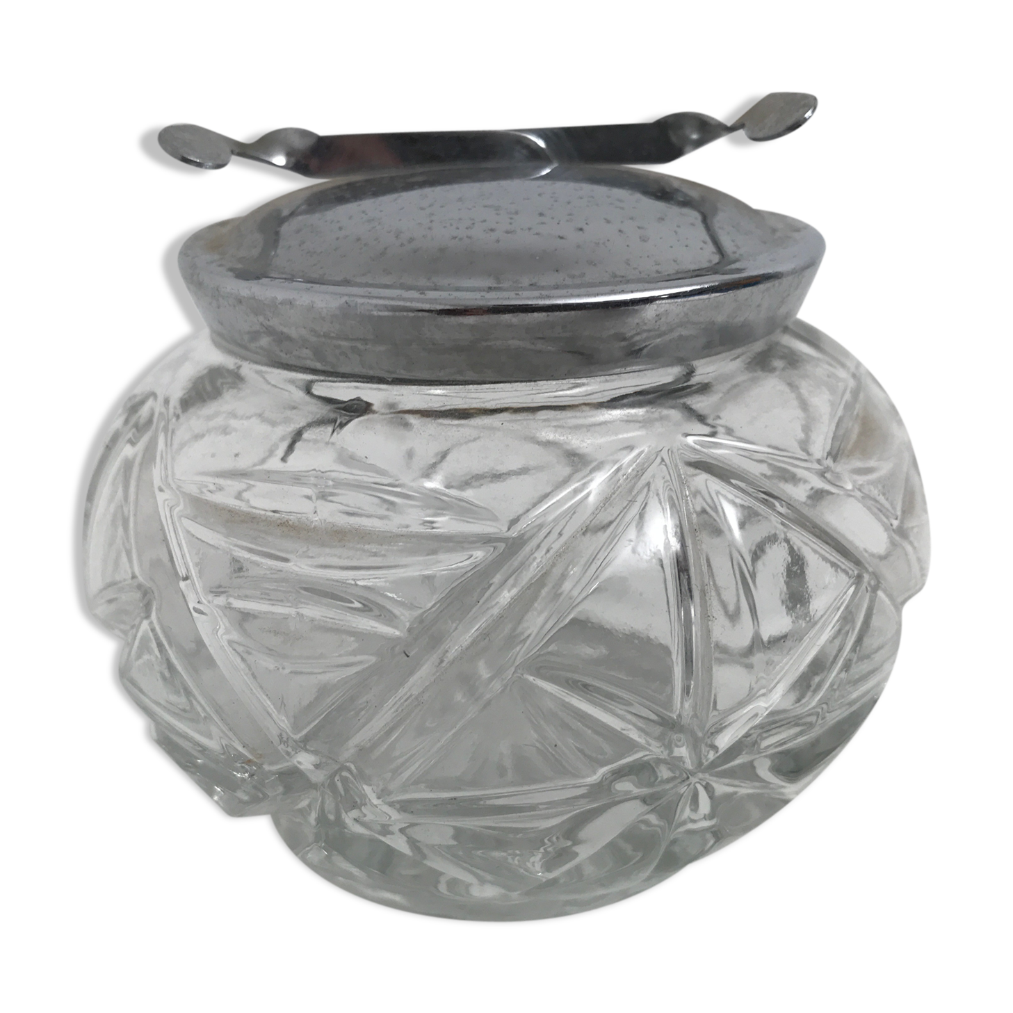 Structured glass sugar and chrome metal lid with built-in pliers