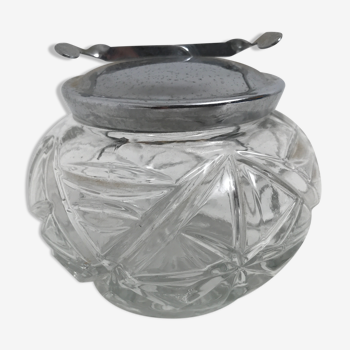 Sucrier en verre structuré et couvercle en métal chromée avec pince intégrée
