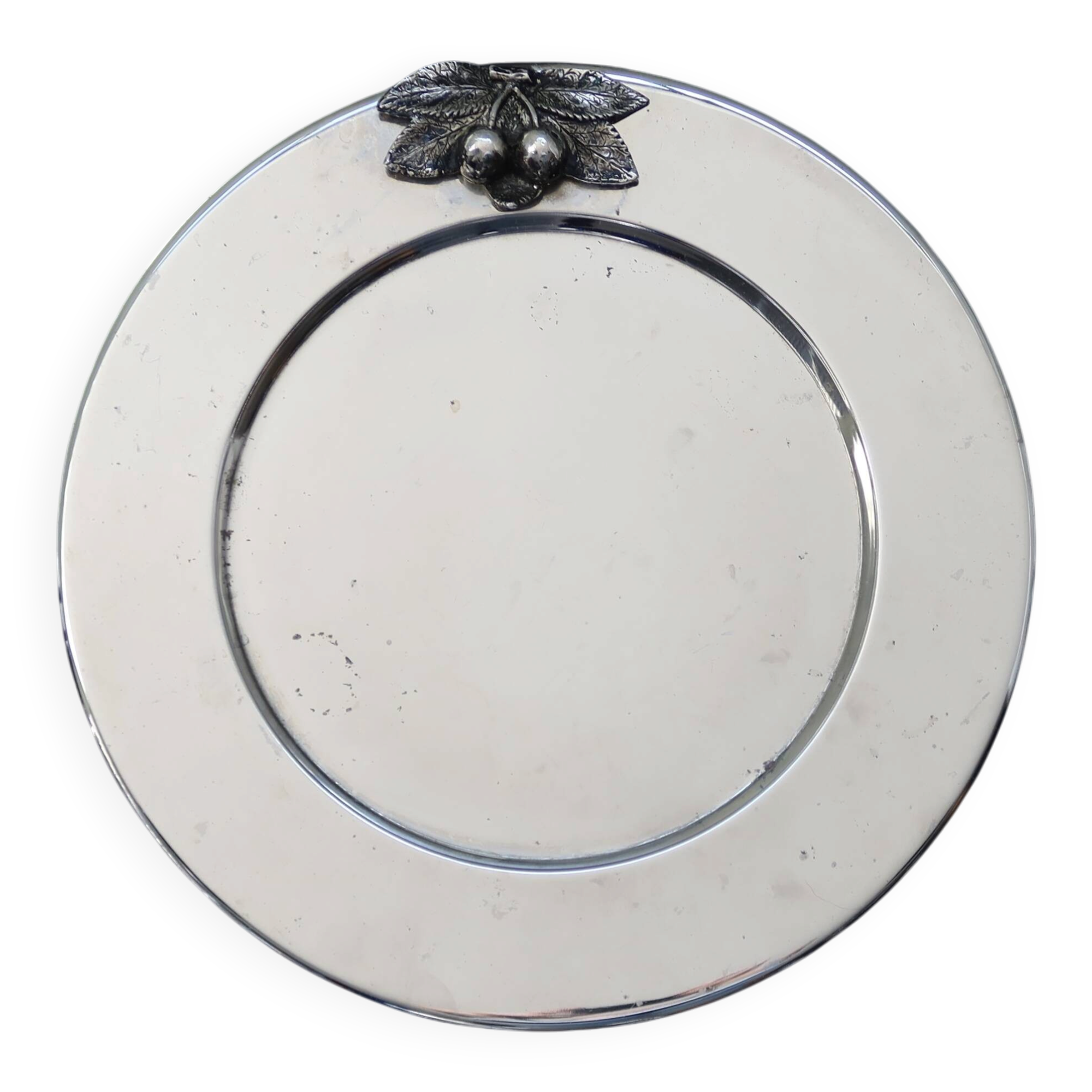 Vintage silver-plated round service tray with embossed cherries.