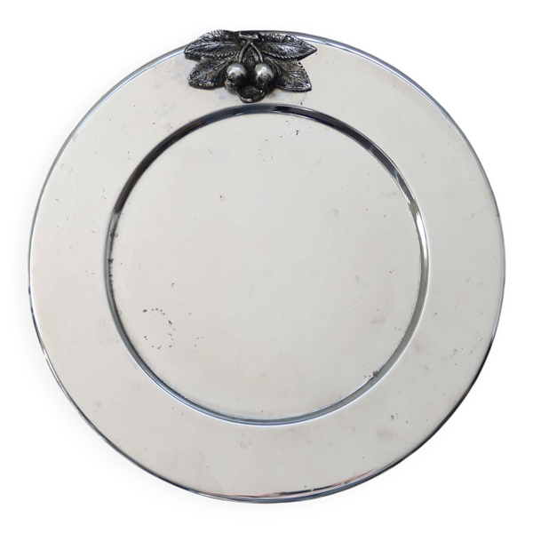 Plateau de service rond vintage métal argenté cerises en relief