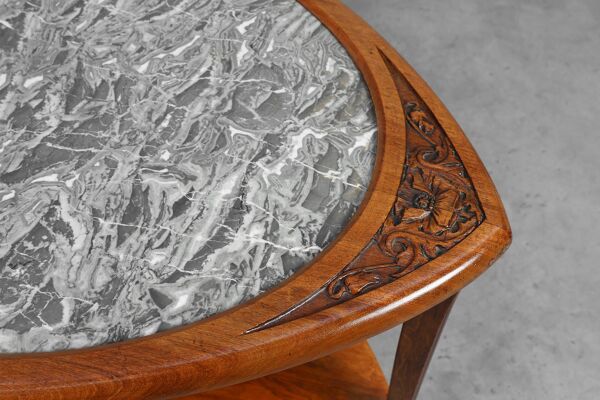 Table d'appoint Art Nouveau en noyer et marbre, France vers 1915