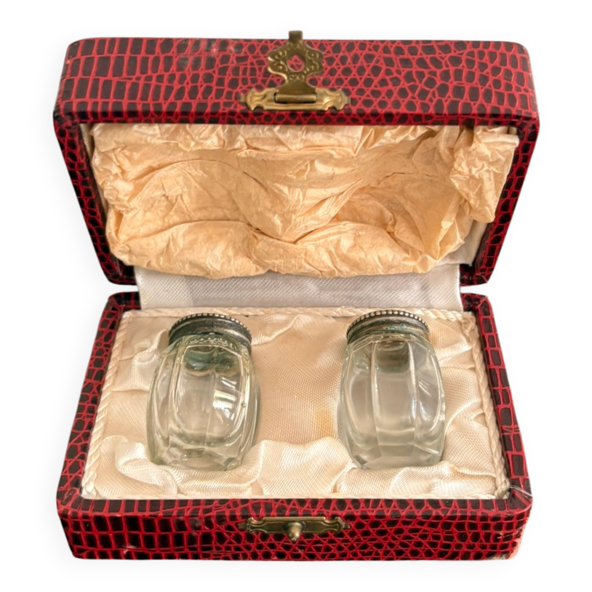 Vintage Salt and Pepper Set, Salt Shaker, Pepper Shaker, Art Deco Case and Bottle