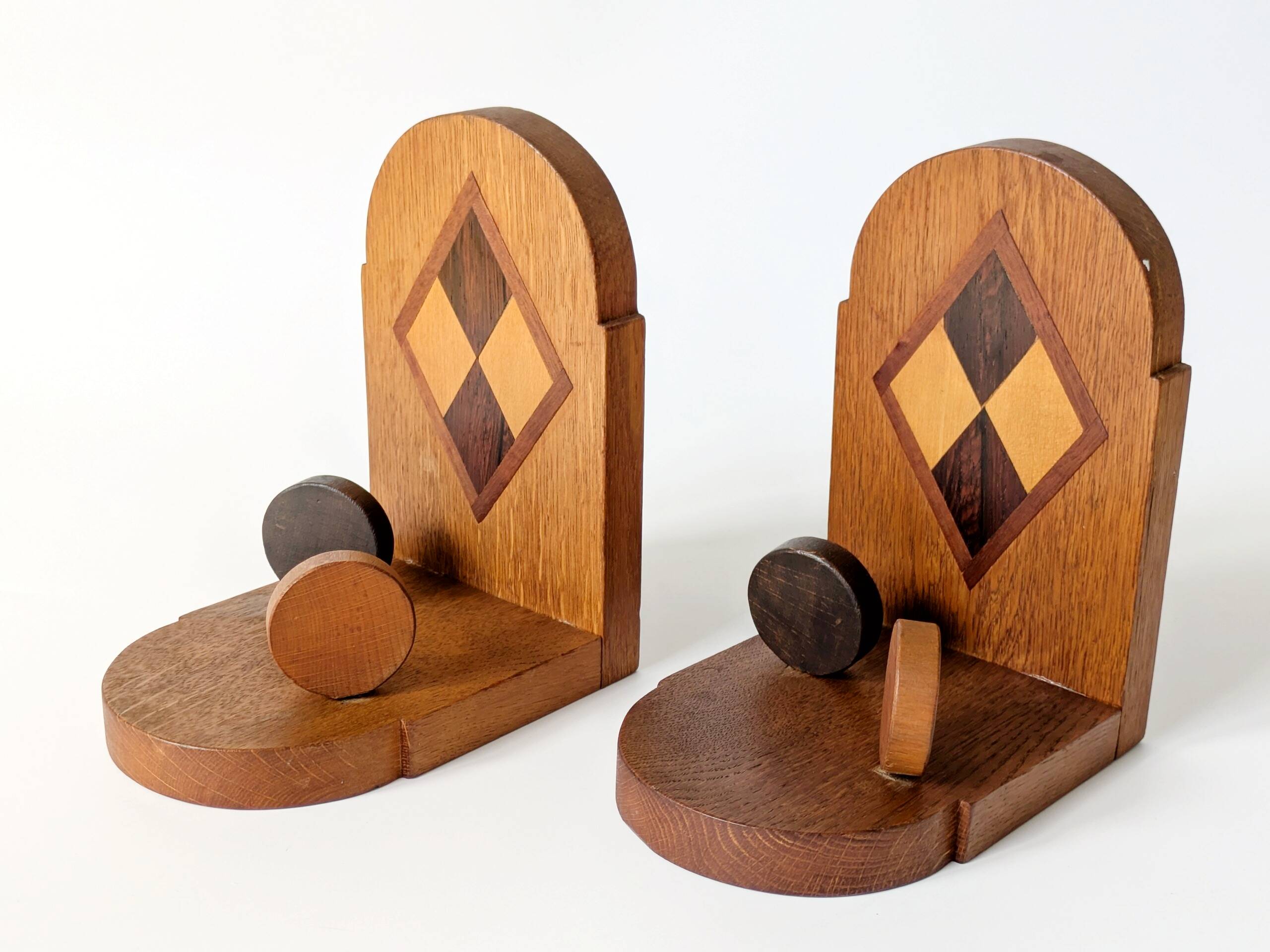 Pair of vintage wooden bookends, checkerboard pattern, 1950s