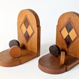 Paire de serre-livres vintage en bois, motif damier, années 50