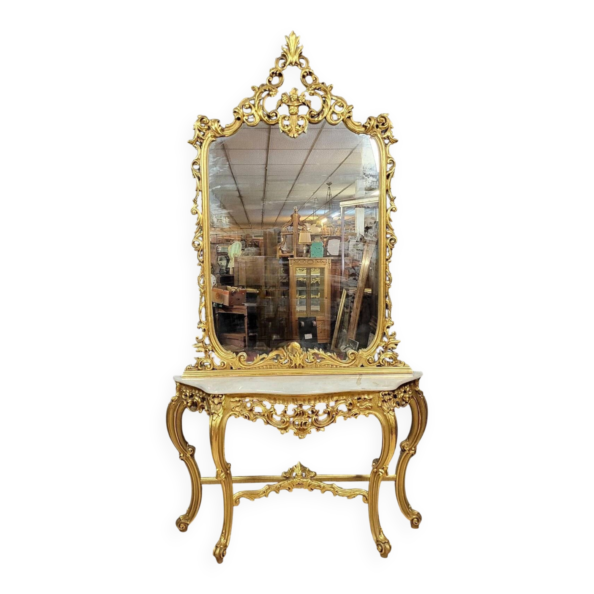 Large Venetian console + Louis XV baroque style mirror in gilded wood