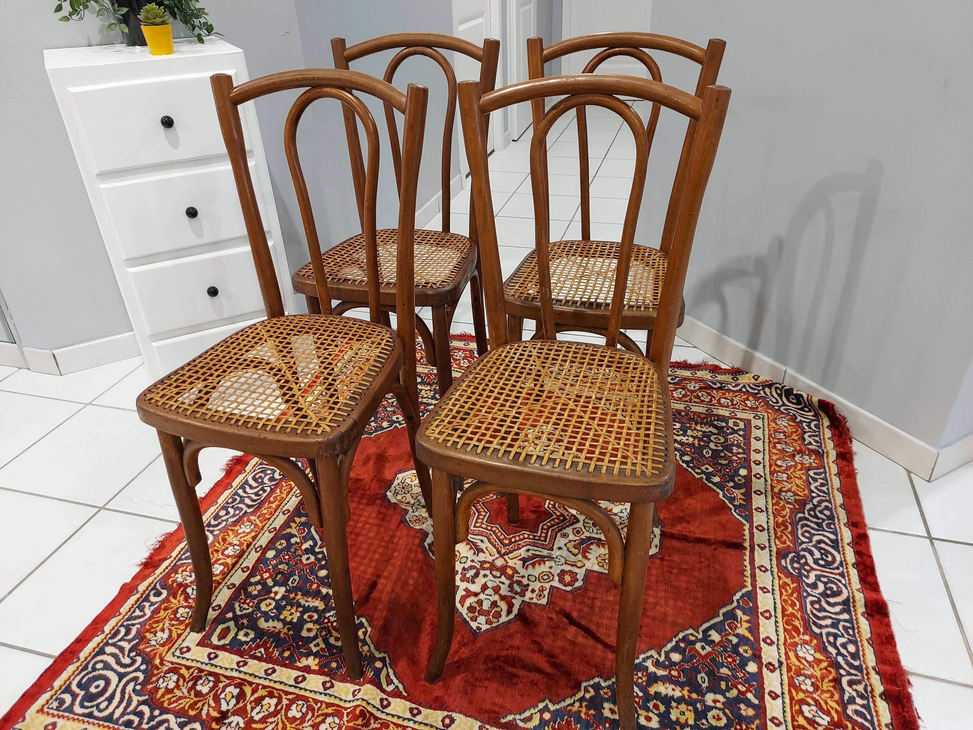 Suite of 4 chairs of Bistrot cannage Japy Frères 1920s