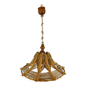 Suspension corde et rotin années 70
