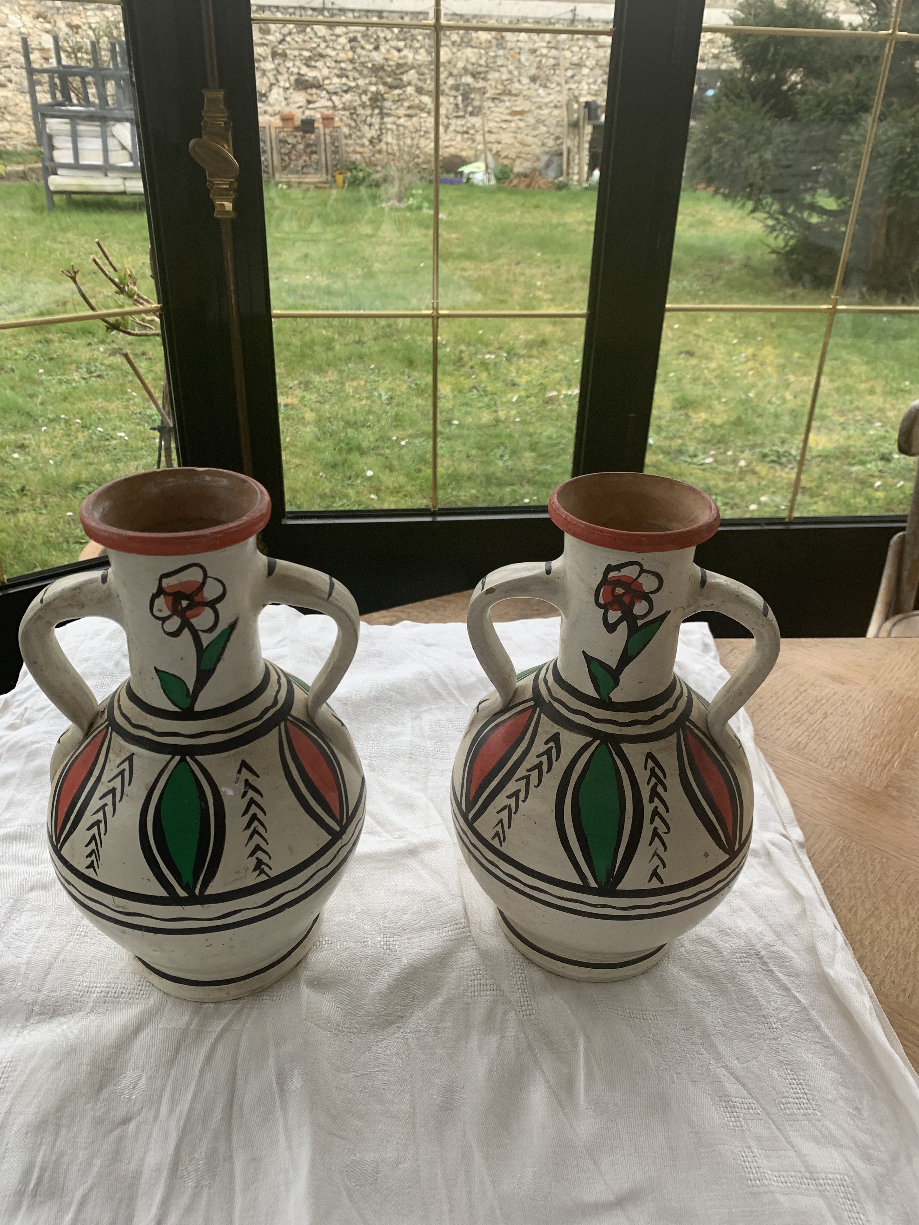 Pair of amphora vase, vintage artisanal and oriental pottery