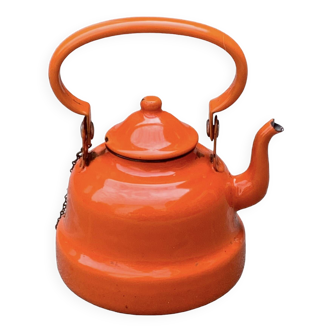 Vintage orange enameled sheet metal kettle