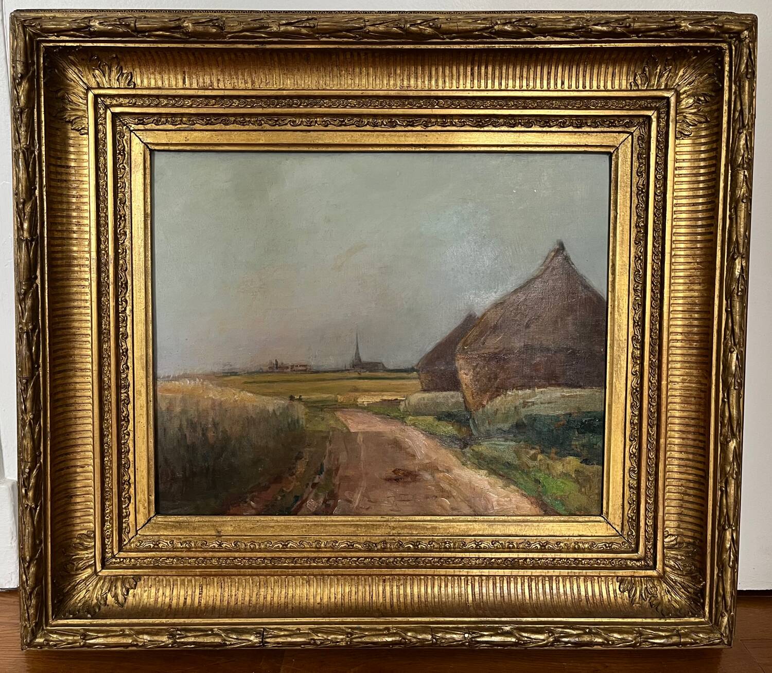 Painting: Oil on panel - landscape with haystacks