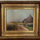 Painting: Oil on panel - landscape with haystacks