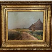 Painting: Oil on panel - landscape with haystacks