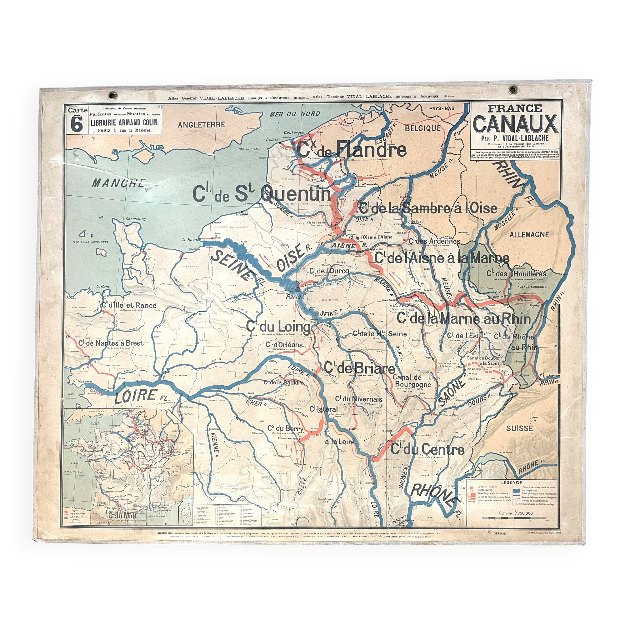 Old school map Vidal Lablache 6, Mézières, T36, 1910 France Canals