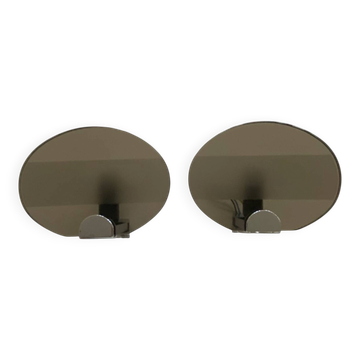 Pair of wall sconces in smoked brown glass and stainless steel, Veca 1970