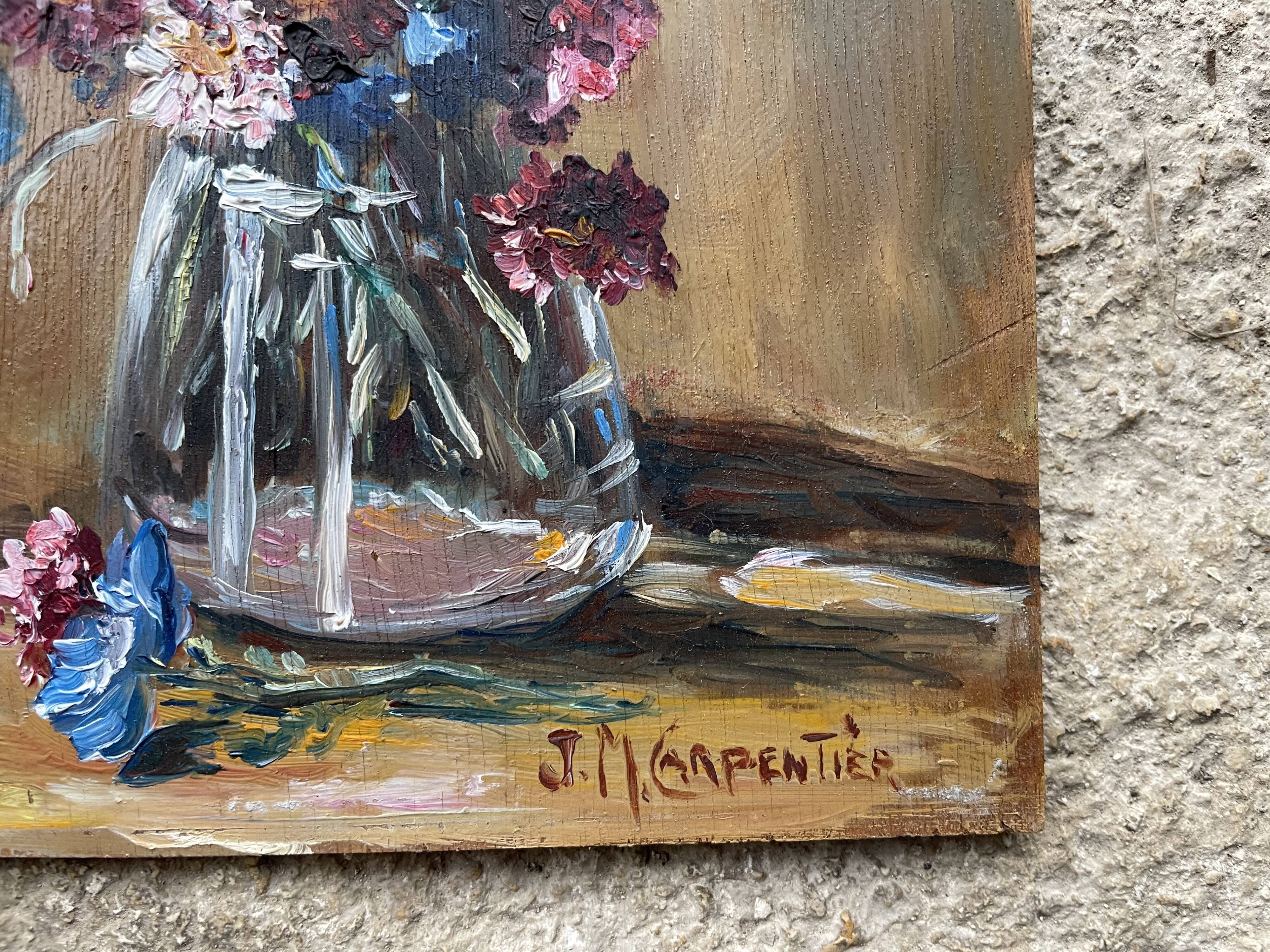 Oil on old panel, still life signed