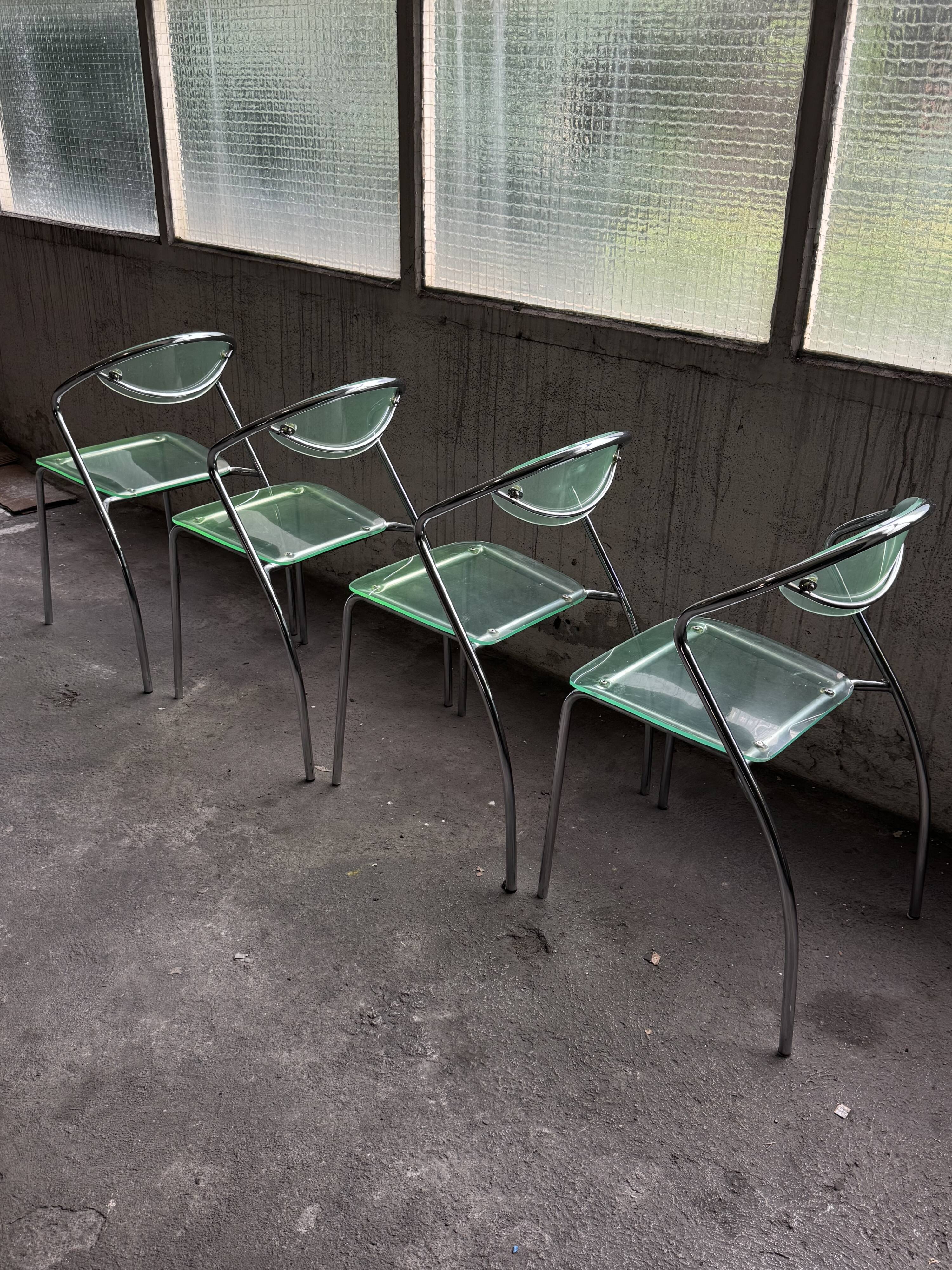 set of 4 designer chrome and plexiglass chairs, 80s