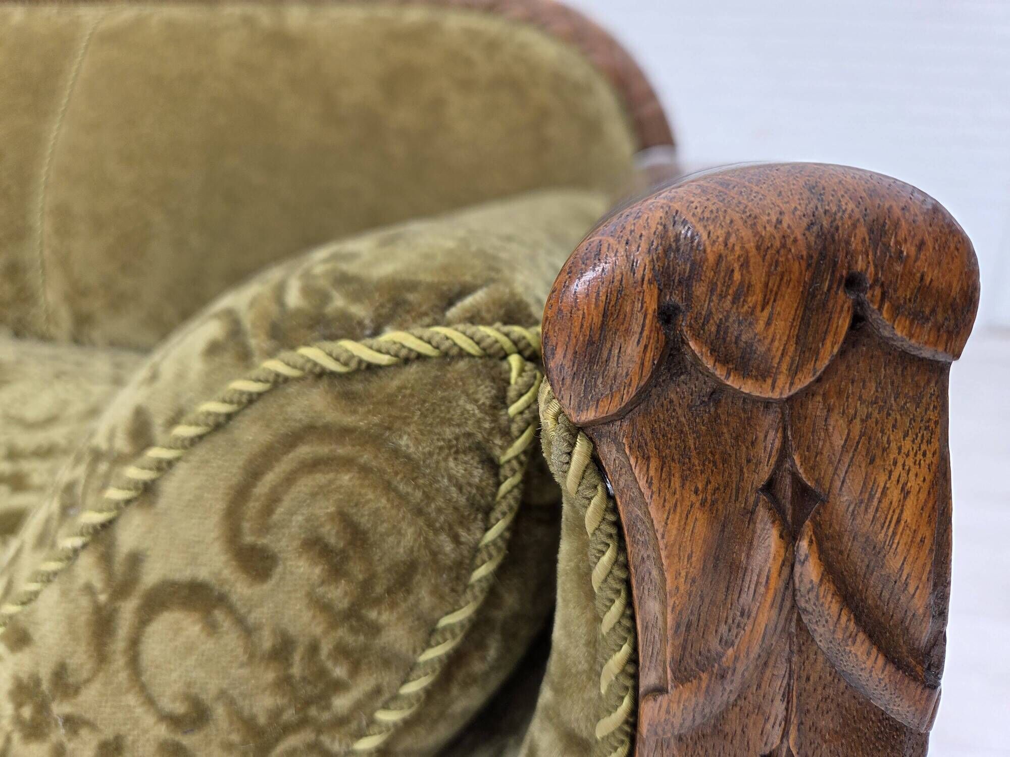 1950s, Danish 3-seater sofa, green furniture velour, oak wood.