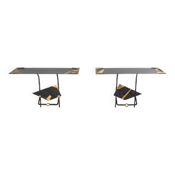 Pair of brutalist wrought iron consoles by Argueyrolles 1990