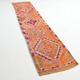 Tapis Kilim Vintage Orange et Rose, Motifs Géométriques, 77x326 Cm