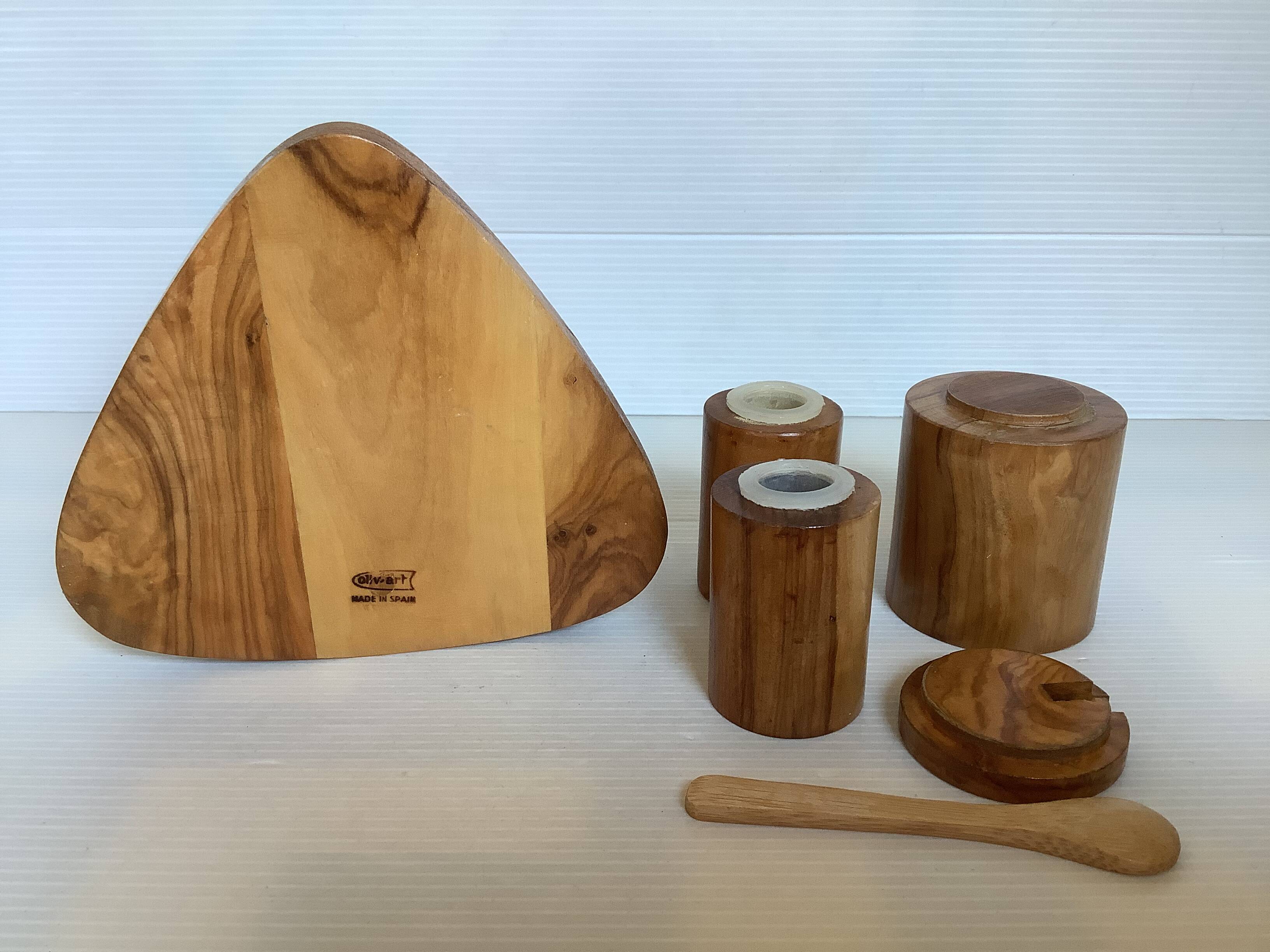 Olive wood mustard salt and pepper server