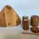 Olive wood salt and pepper server with mustard pot.