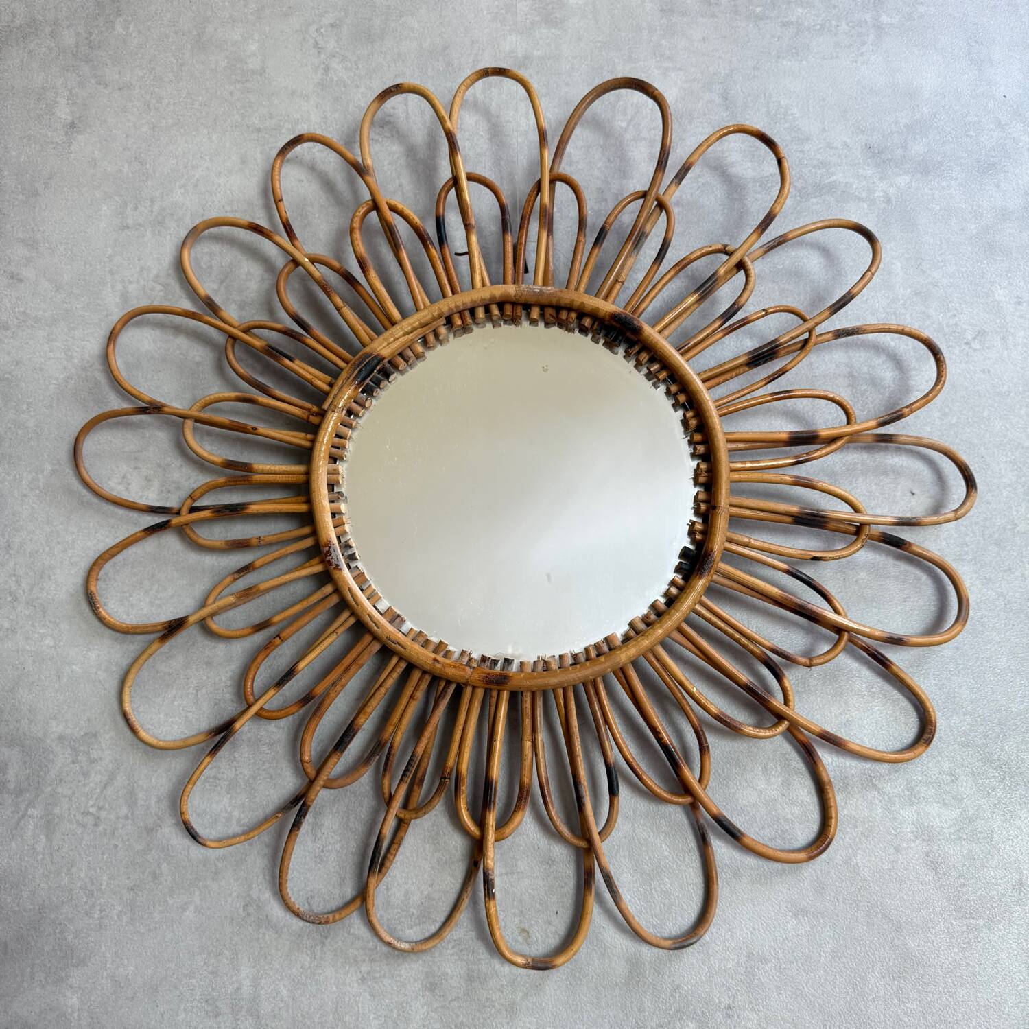 1950s French rattan sun mirror