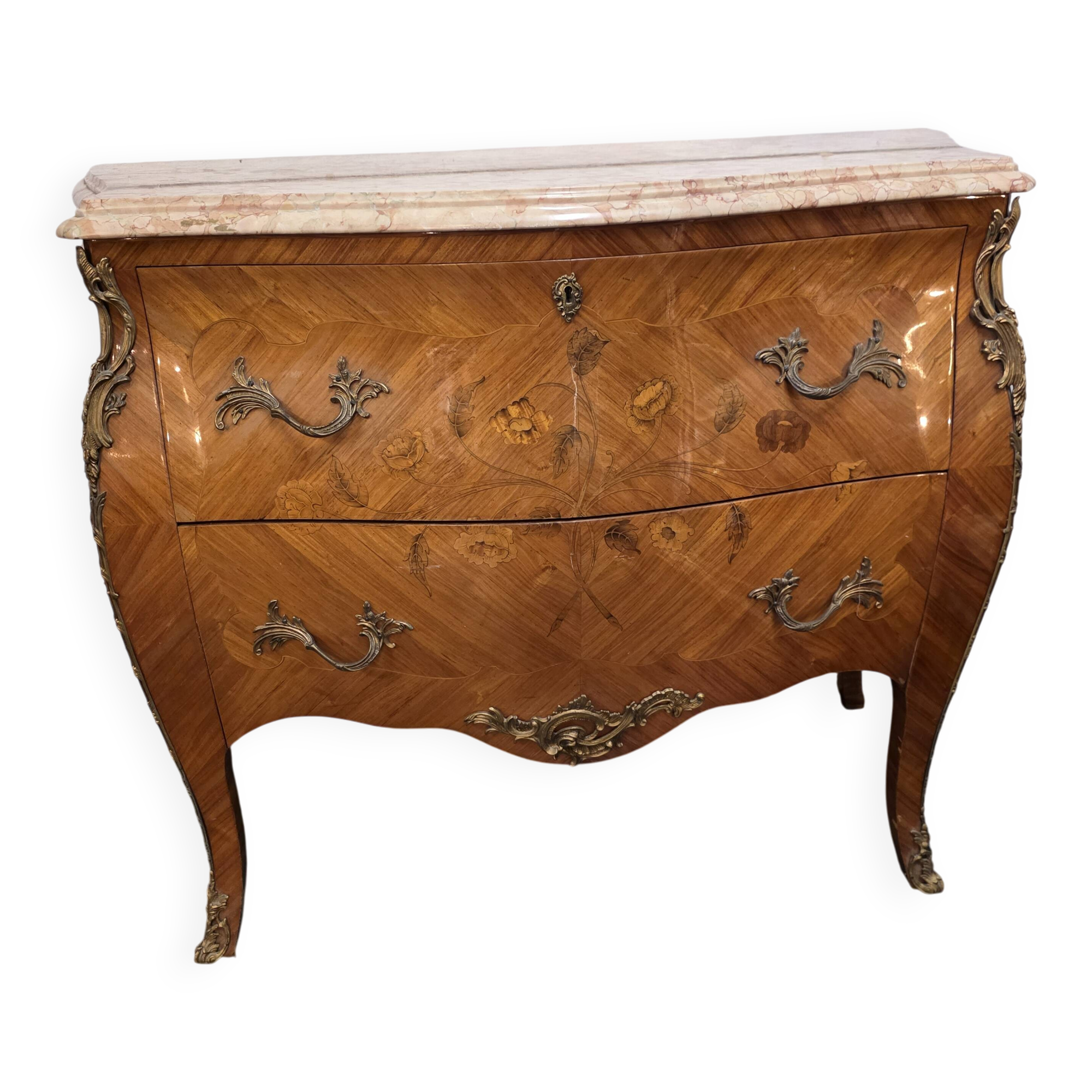 Louis XV style curved chest of drawers in marquetry