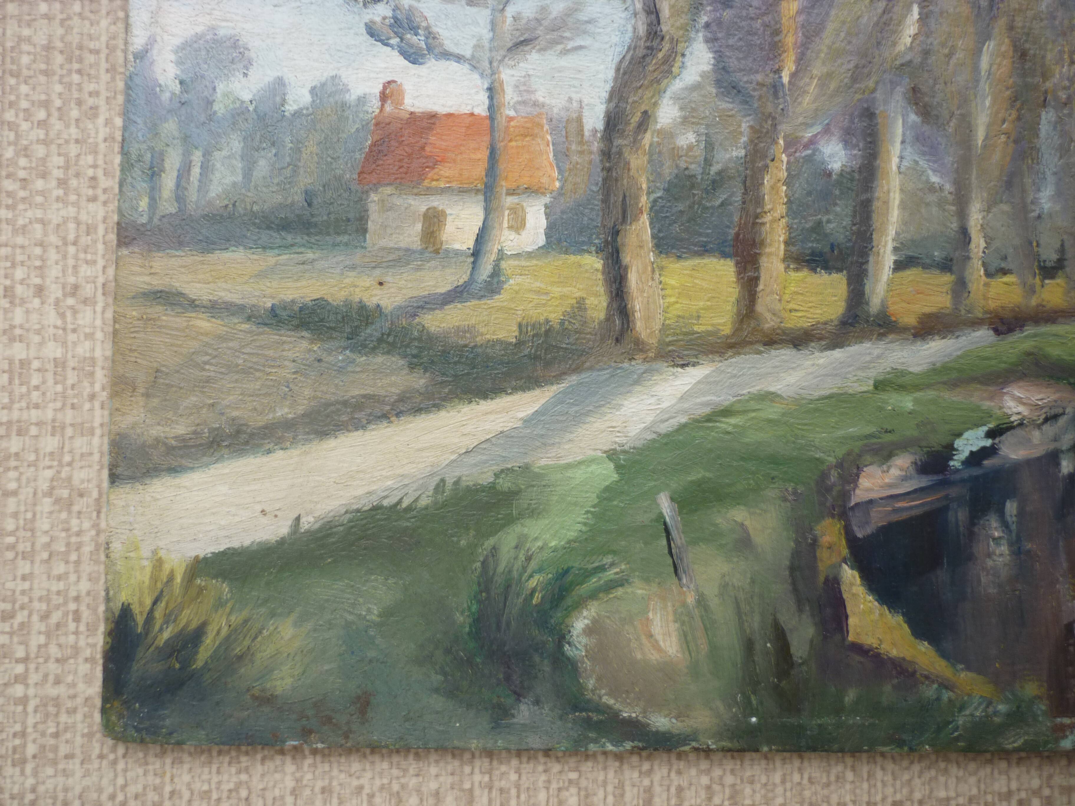 Oil painting on isorel signs J Lauga channel view
