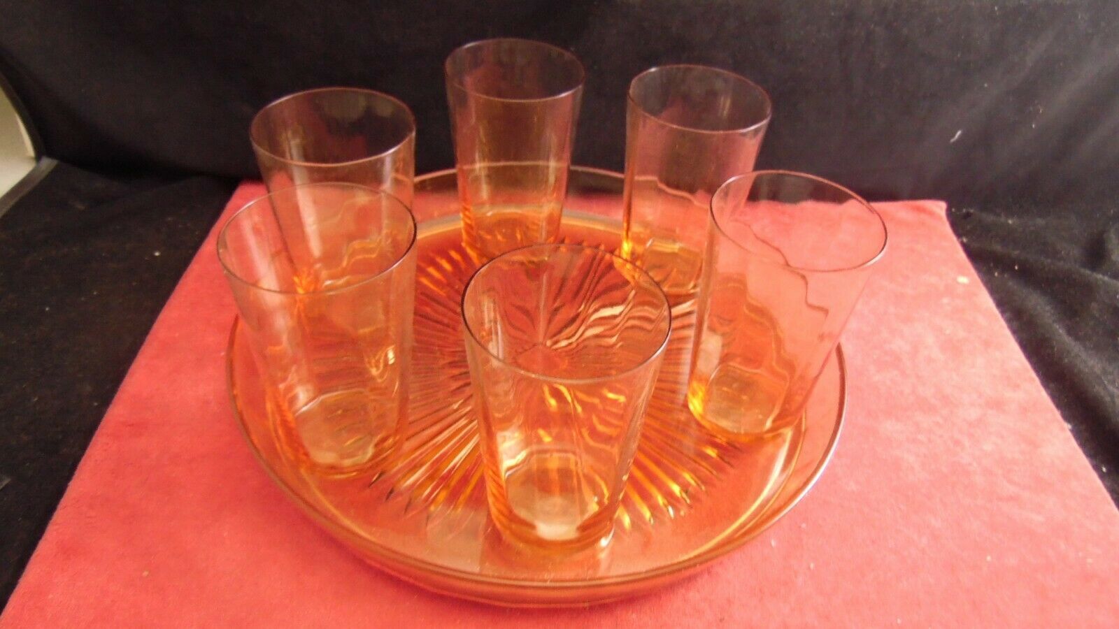 Vintage Parisian orangeade service in orange-blown glass jug with 6 glasses