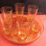 Vintage Parisian orangeade service in orange-blown glass jug with 6 glasses