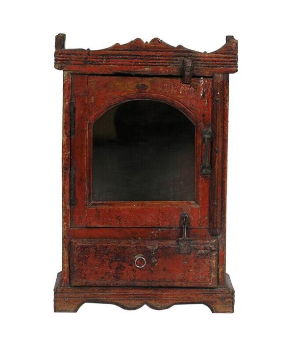 Vitrine rouge indienne chevet patine et piece d'origine bois teck