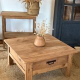 Table basse carrée de ferme ancienne en bois massif brut, 1 tiroir