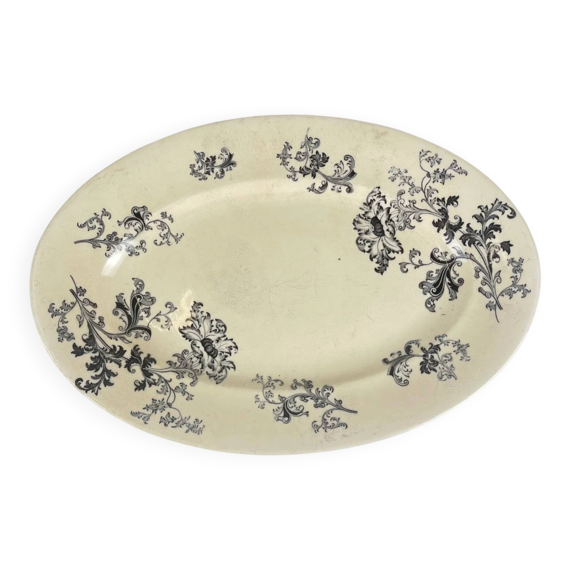 Large oval ironstone dish, "Damas" pattern by Sarreguemines, late 19th century, grey-black.
