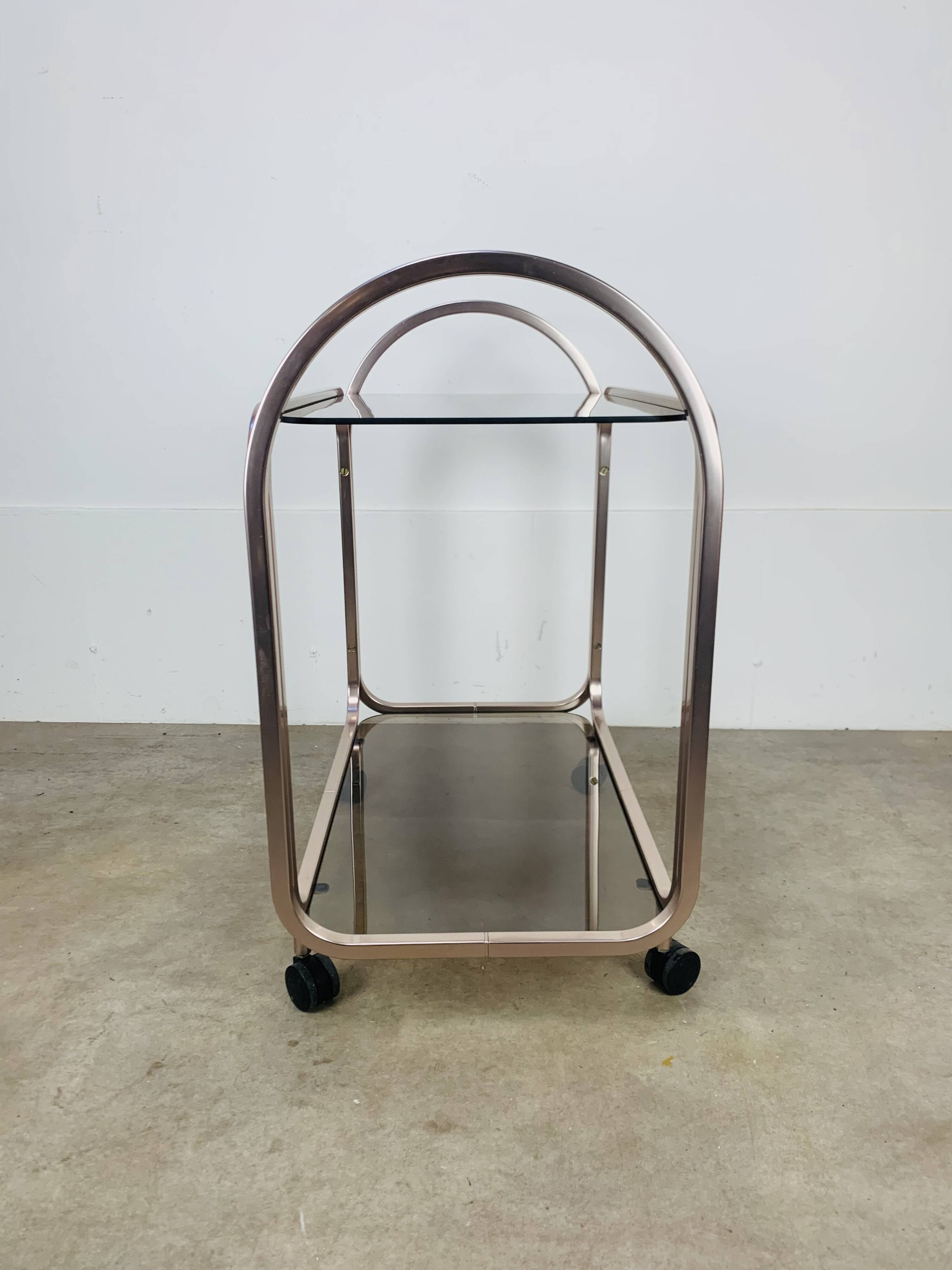 Kaymet dessert trolley in smoked glass and anodised aluminium, 1980s.