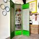 3-leaf screen in green wood, ecru paper and mirror