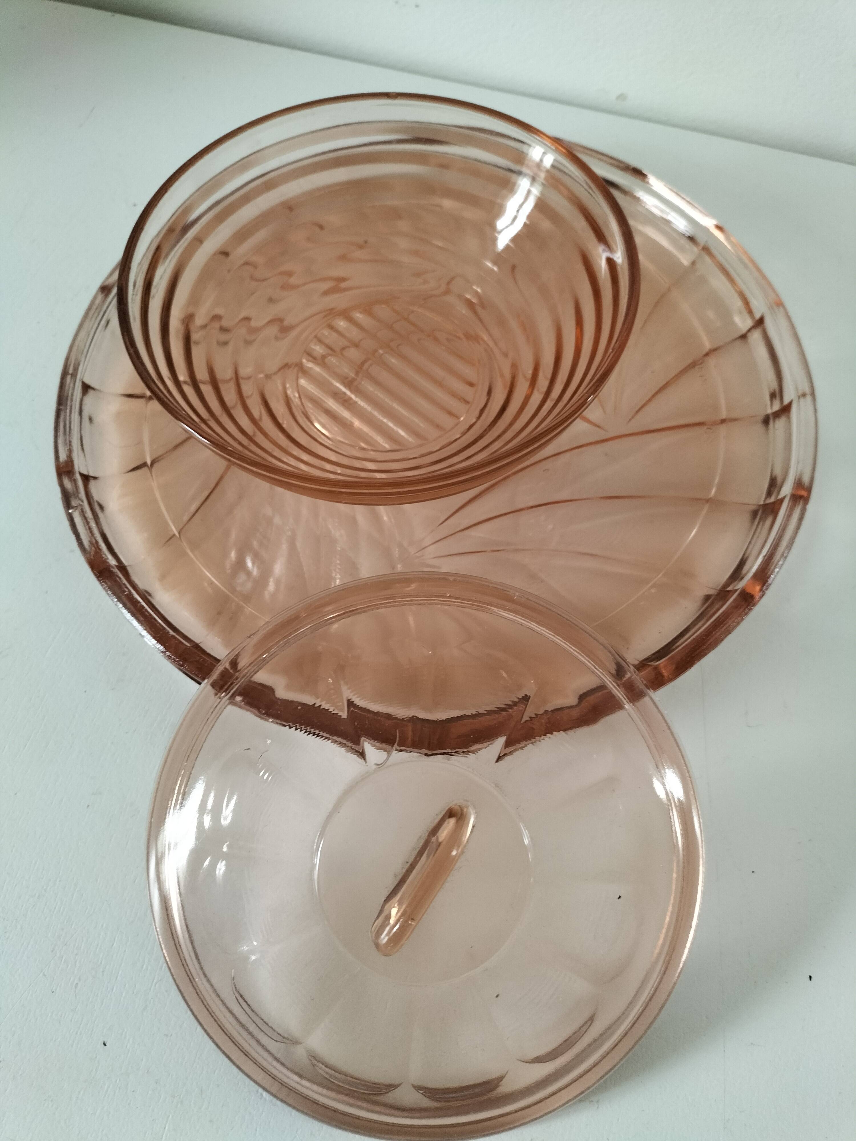 Orange-pink pressed glass trio