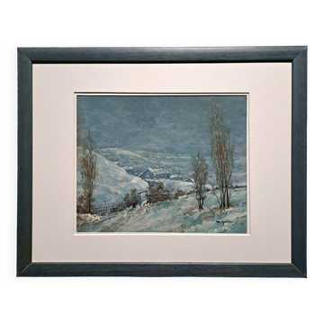 Impressionist painting - oil on panel signed - winter landscape - 20th century