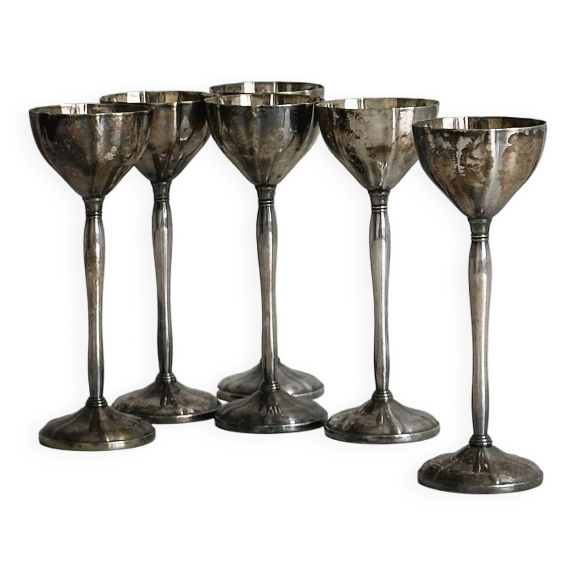 Set of 6 antique egg cups in patinated metal