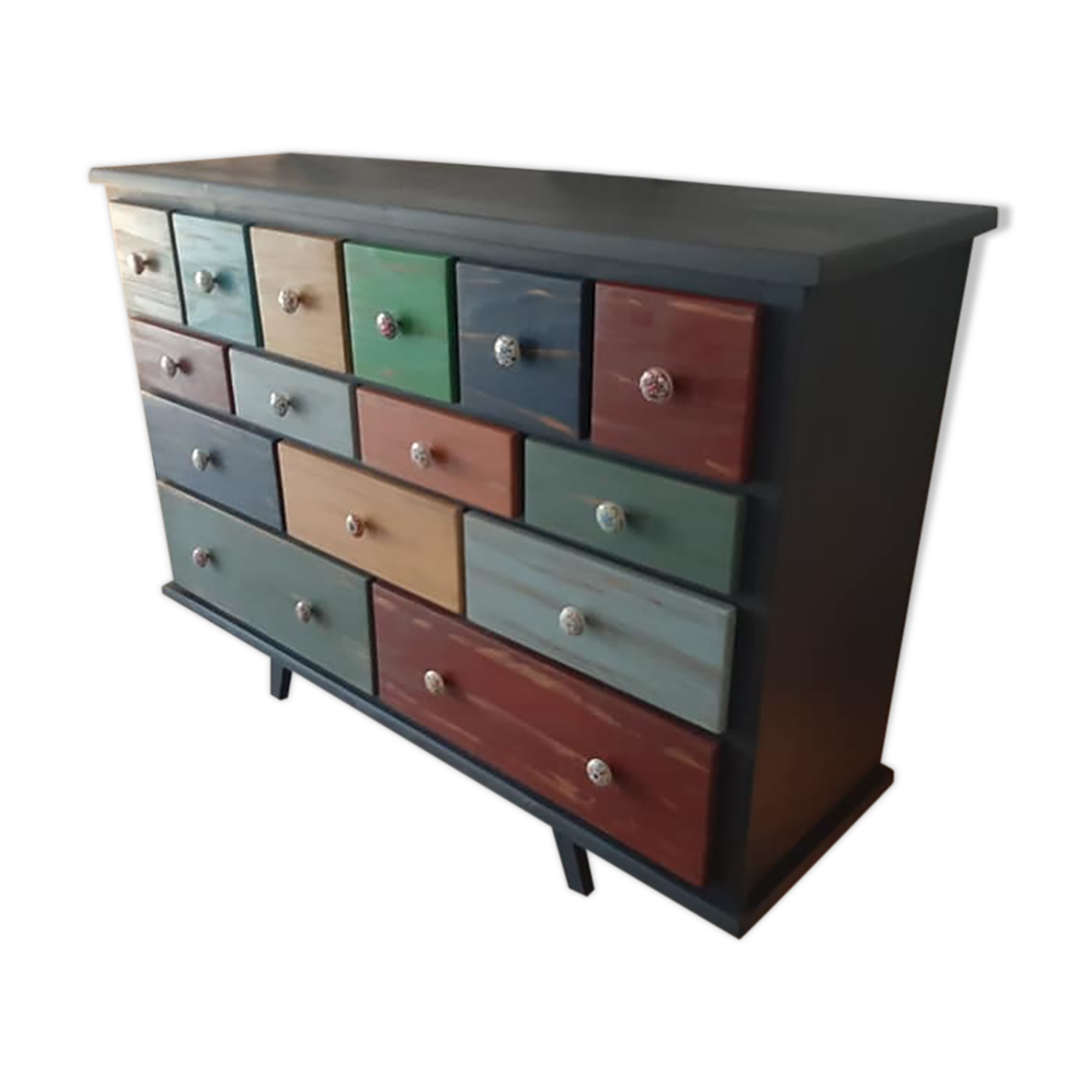 Furniture commode 15 drawers table patchwork patina ebeniste all solid wood multicolored
