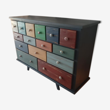 Furniture commode 15 drawers table patchwork patina ebeniste all solid wood multicolored