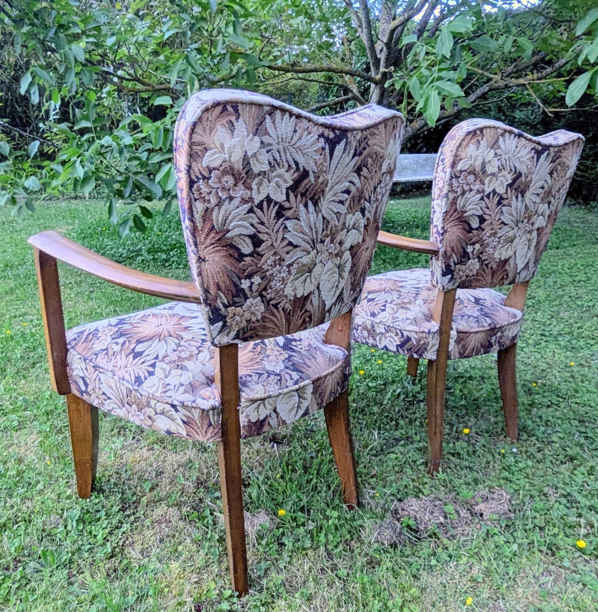 Paire de fauteuils bridge Art déco en bois massif, années 40-50