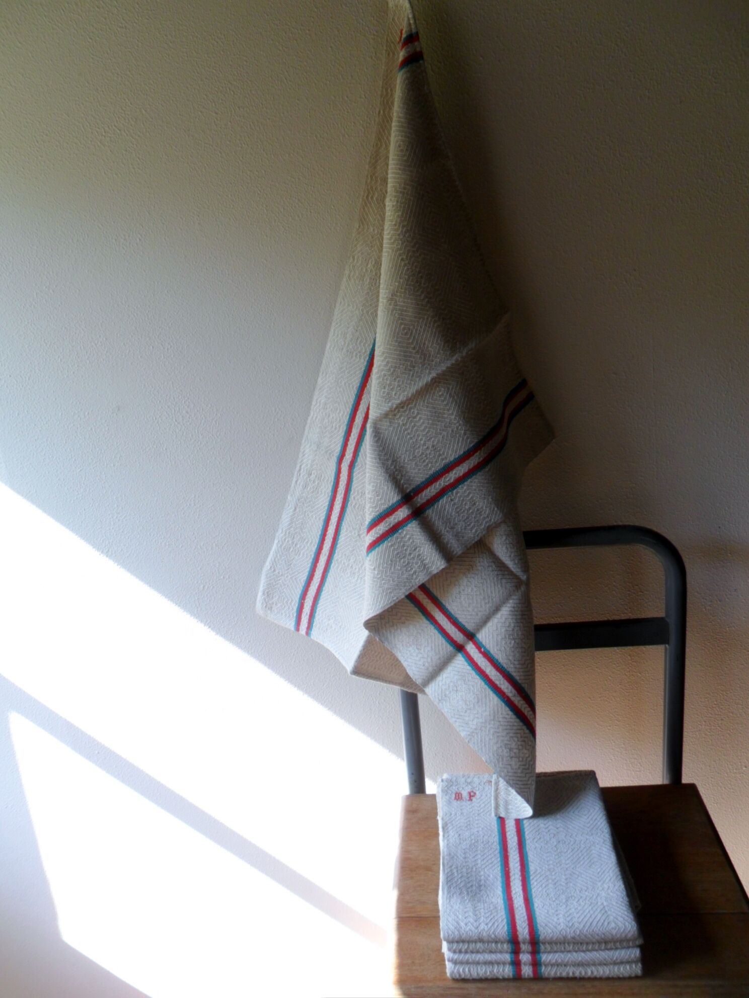 Set of 5 towels embroidered vintage, basque canvas