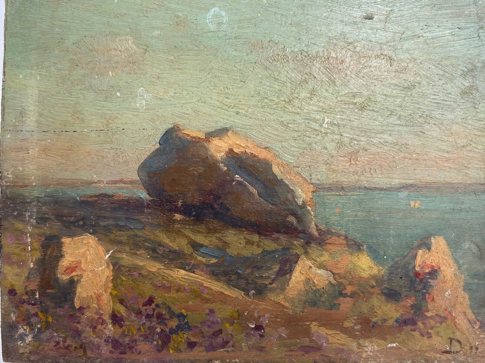 Oil on wood panel marine theme XlXth view of brittany