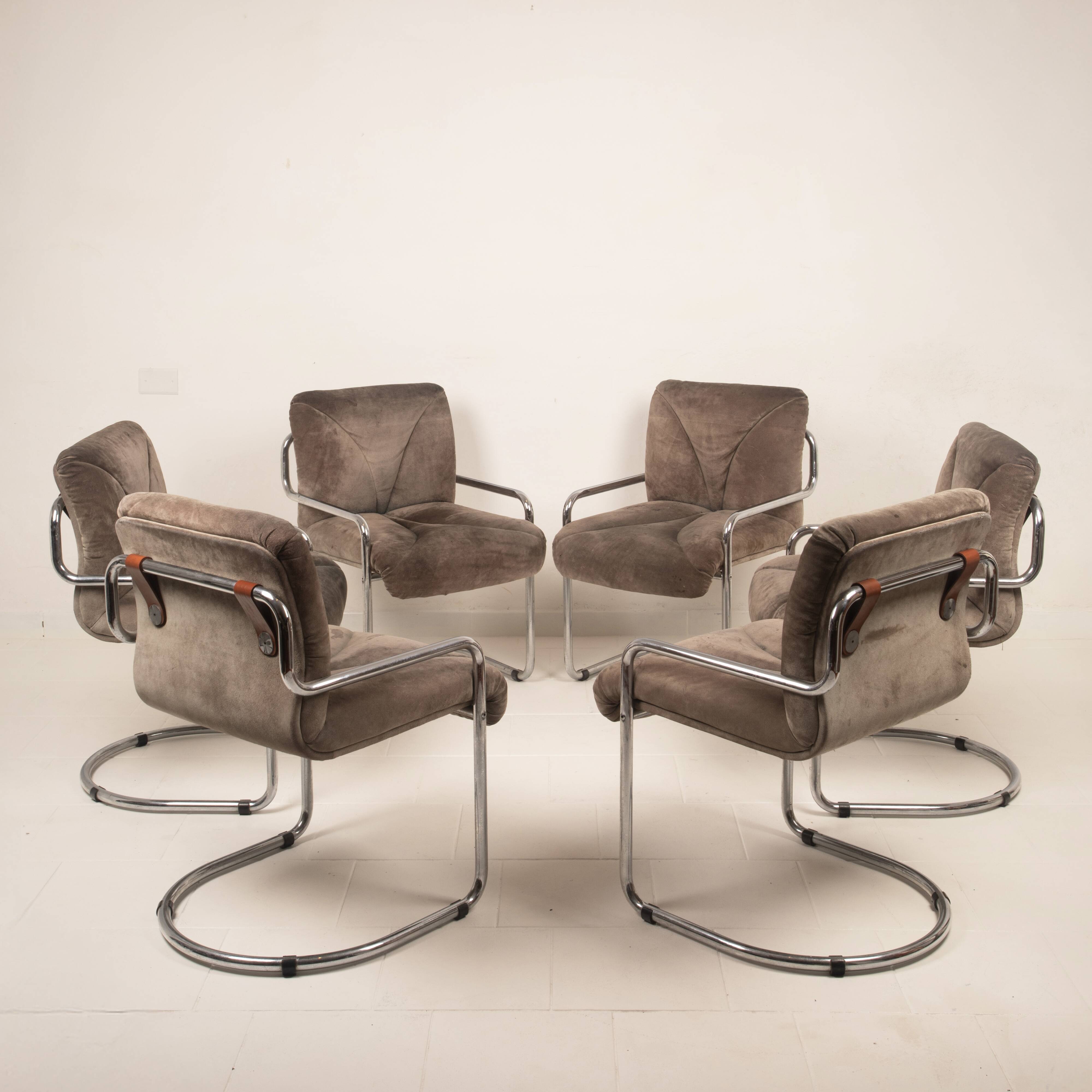 Guido Faleschini Italian Astro Chrome and Taupe Suede Armchairs for i4 Mariani