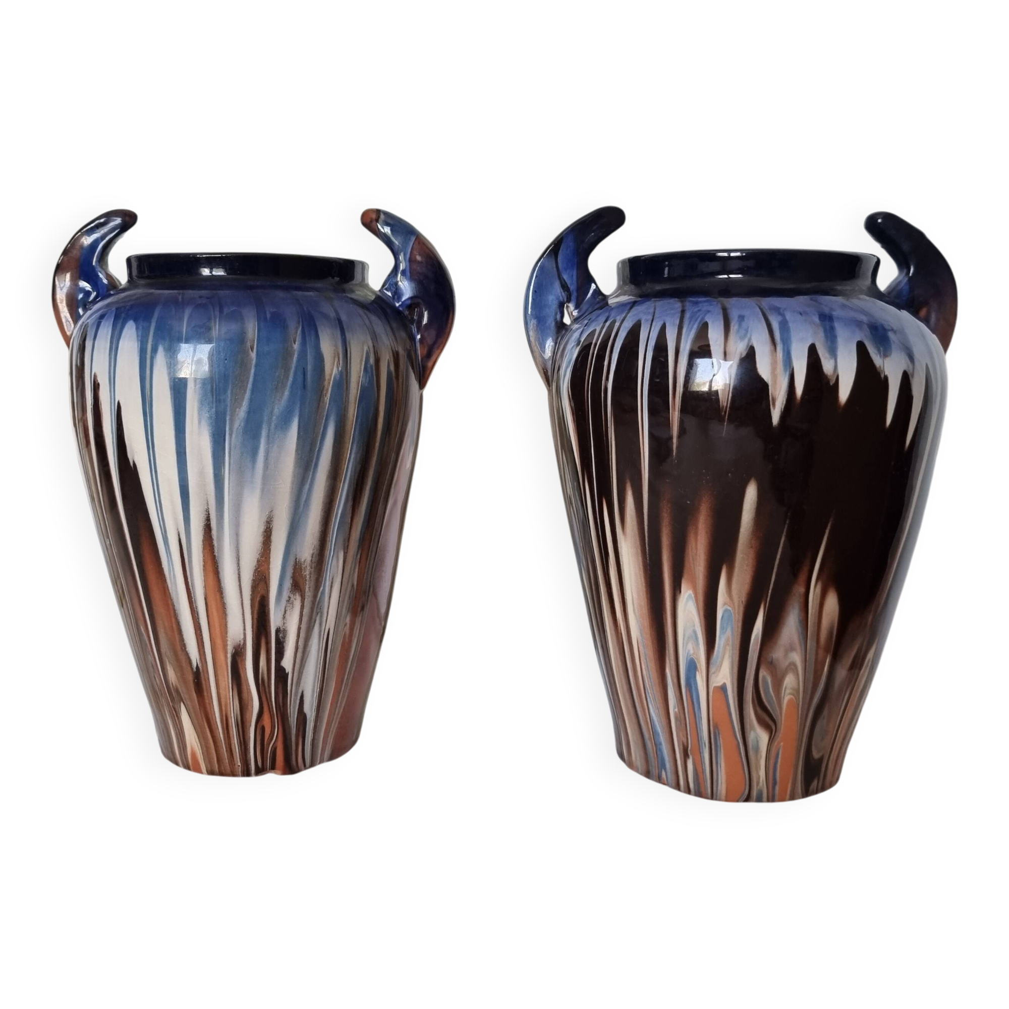 Pair of Art Deco vases in Savoy earthenware, 1940, multi-colored polychromy