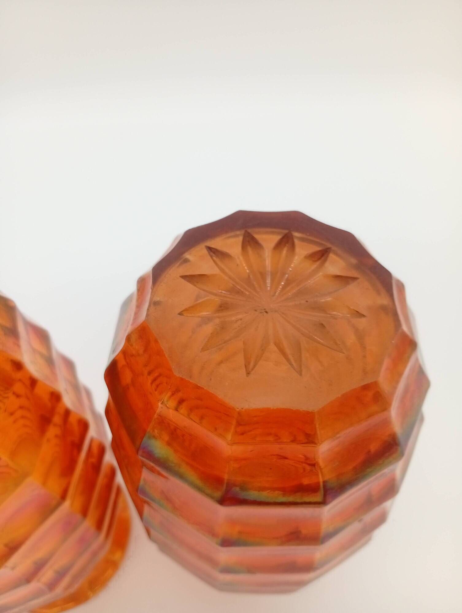 Paire Vases Art Déco Josef Invald Carnival Marigold Orange Irisé Jacobean