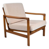 Fauteuil restauré des années 60, rose, bois de teck